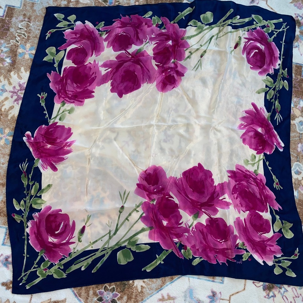 Vena Silk Square Scarf Navy Blue Magenta Pink Floral Rose Print Hand Rolled 27in